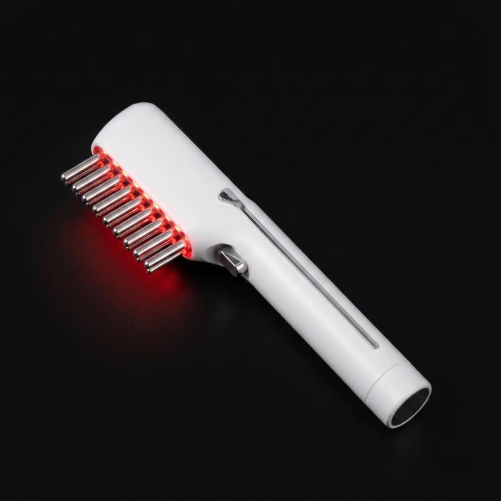 LUMIR red light therapy hair growth comb โ hero shot showing the sleek white device with glowing red LED comb teeth on a black background
