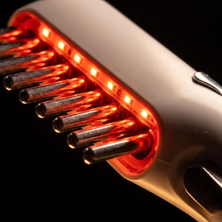 Person using LUMIR red light therapy comb on their scalp at the hairline, showing the device in real use for hair growth treatment