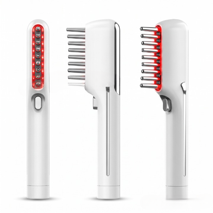 LUMIR hair growth comb shown from three different angles: front view with red LEDs on, side profile, and three-quarter angle on white background