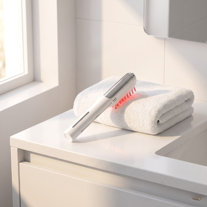 LUMIR hair growth device resting on a folded white towel in a modern minimalist bathroom with soft morning light — bathroom lifestyle shot
